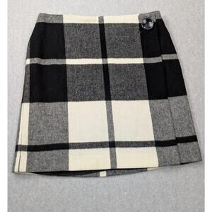 Kate Hill Wrap Skirt 10P Black Cream Plaid Woolmark Blend Lined Preppy Academia